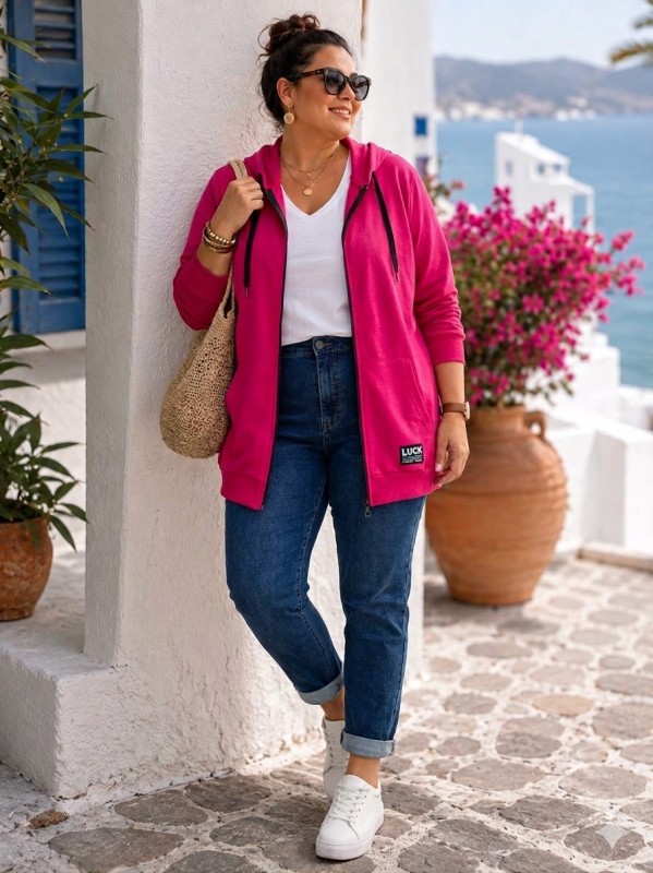 Bluza Kangurka rozpinana Plus Size fuksja