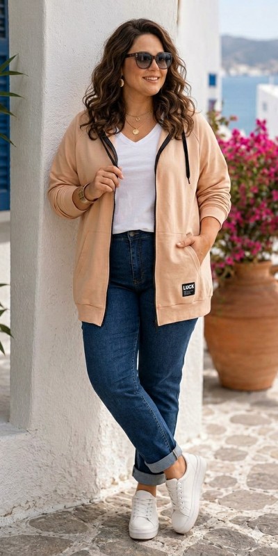 Bluza Kangurka rozpinana Plus Size beżowa