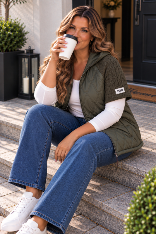 Pikowany Bezrękawnik Plus Size ze Swetrowymi Rękawami Khaki