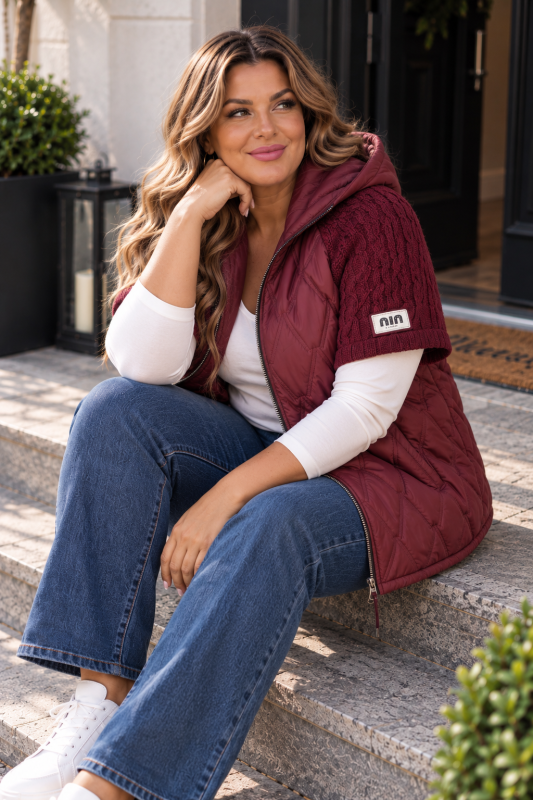Pikowany Bezrękawnik Plus Size ze Swetrowymi Rękawem śliwkowy
