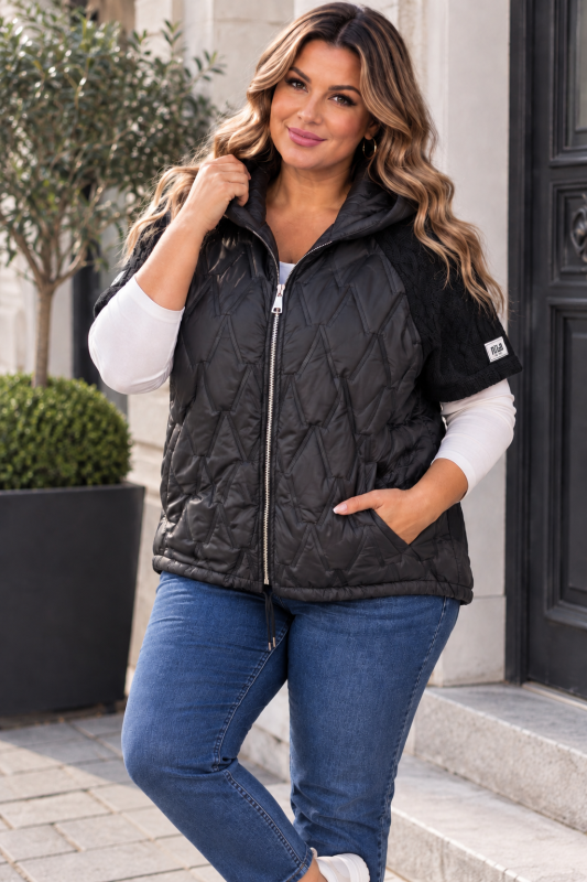 Pikowany Bezrękawnik Plus Size ze Swetrowymi Rękawem czarny