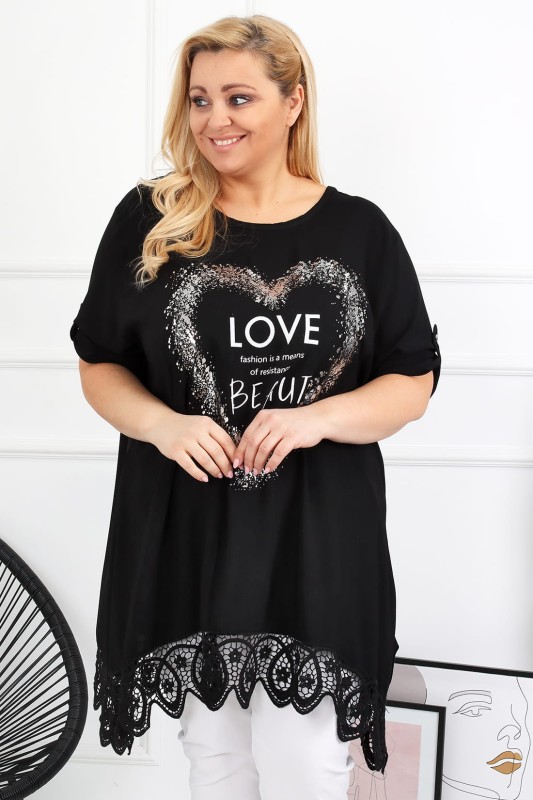 Tunika oversize love z gipiurą na dole czarna