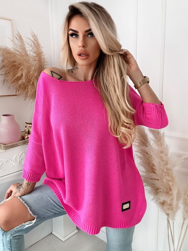 Sweter oversize z blaszką róż neon