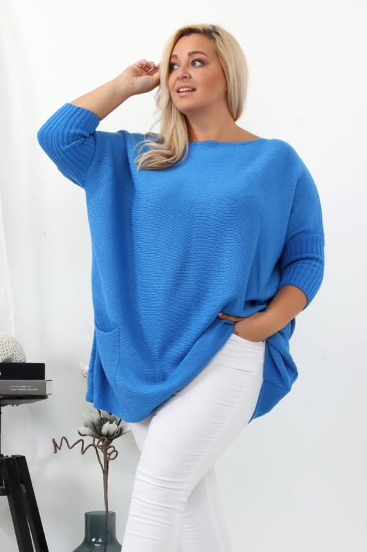 Luźny sweter oversize z kieszeniami  lazurowy 
