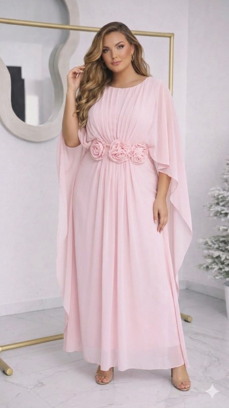 Elegancka sukienka szyfonowa z różami pudrowa