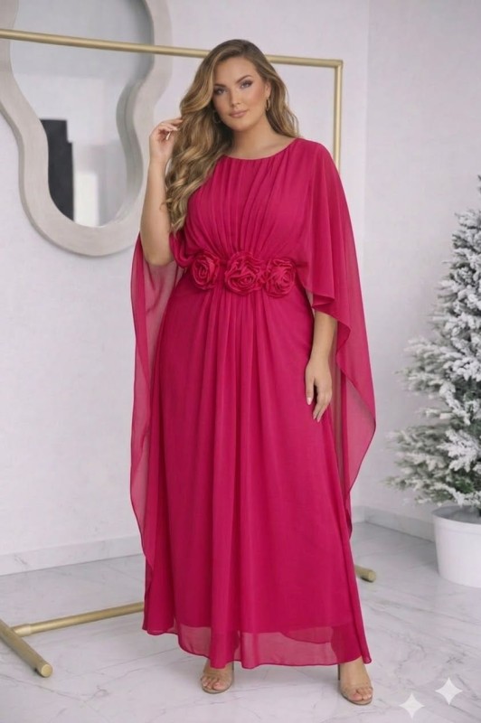 Elegancka sukienka szyfonowa z różami malinowa