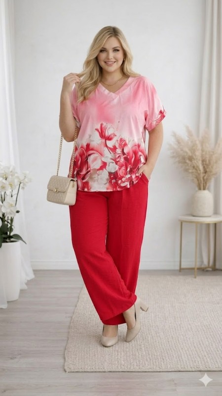 Komplet letni oversize w kwiaty czerwony