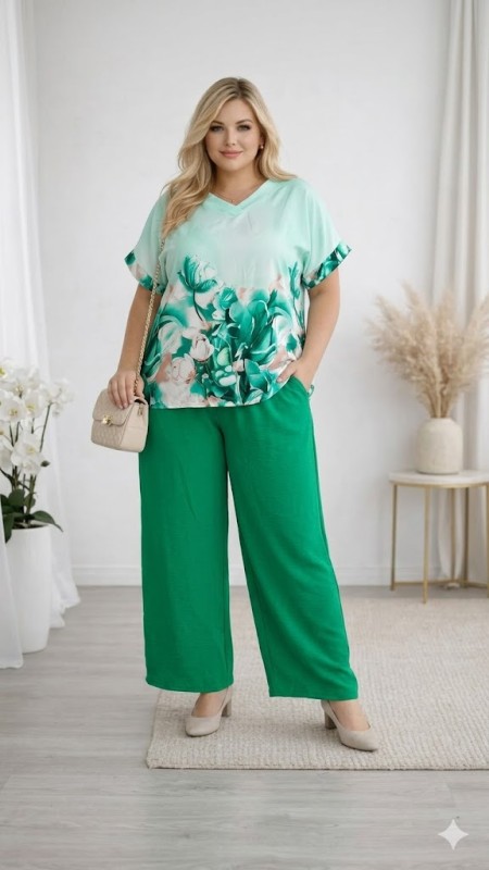 Komplet letni oversize w kwiaty zielony