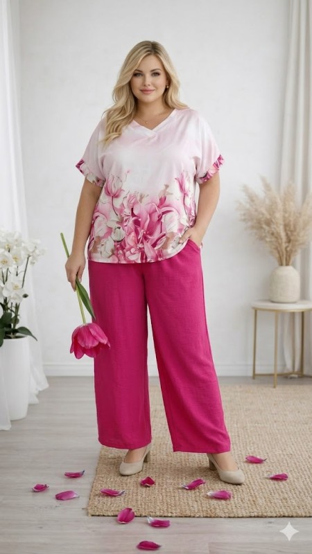 Komplet letni oversize w kwiaty fuksja