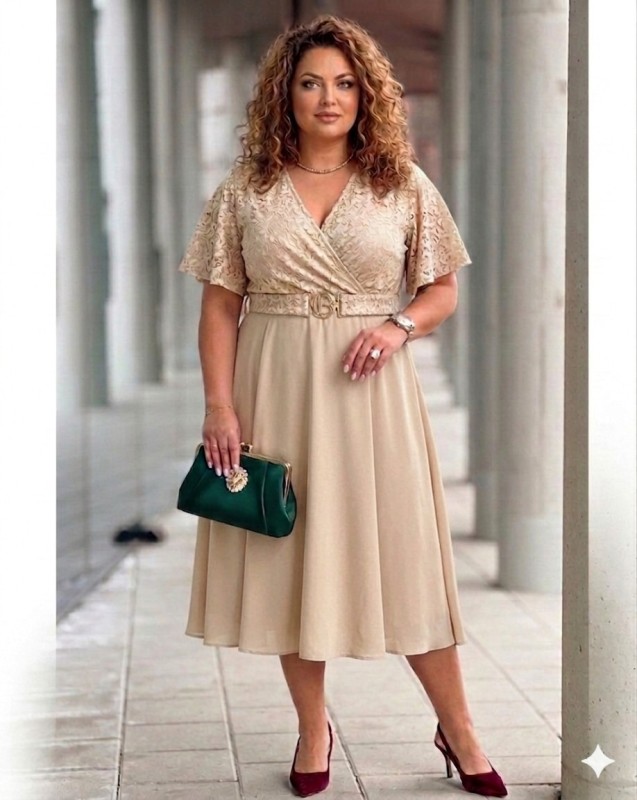 Sukienka z koronkowym dekoltem beżowa