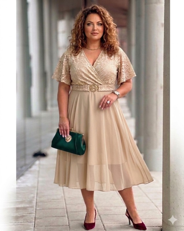 Sukienka z koronkowym dekoltem beżowa