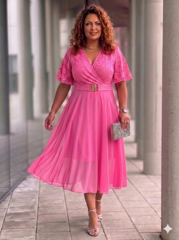 Sukienka z koronkowym dekoltem różowa