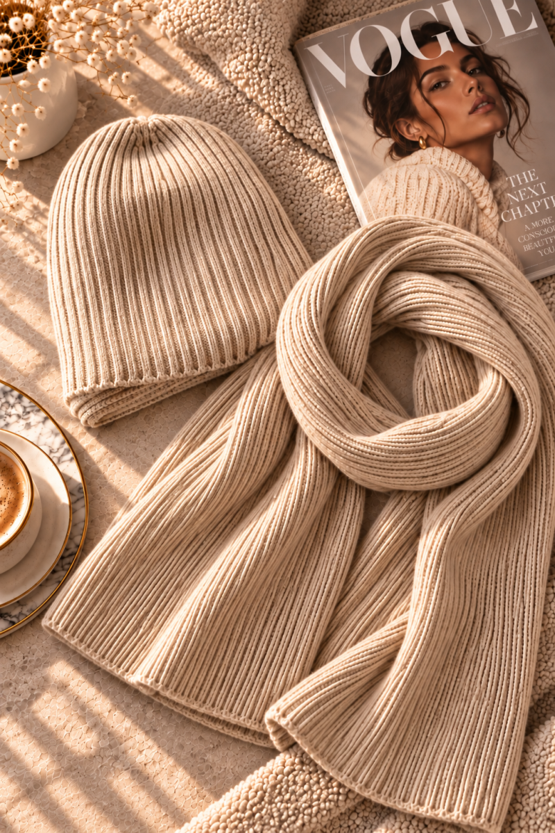 Beżowa flatlay z kawą i Vogue.png