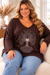 Sweter damski oversize z drzewem i dekoltem V – czekoladowy, biust 138 cm