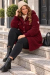 Bordowy płaszcz damski baranek Plus Size z kapturem i guzikami