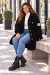 Czarny płaszcz damski baranek Plus Size z kapturem do kolan