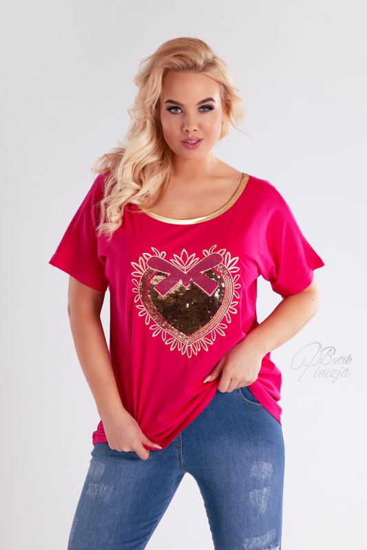 Bluzka ze zdobionym sercem fuksja